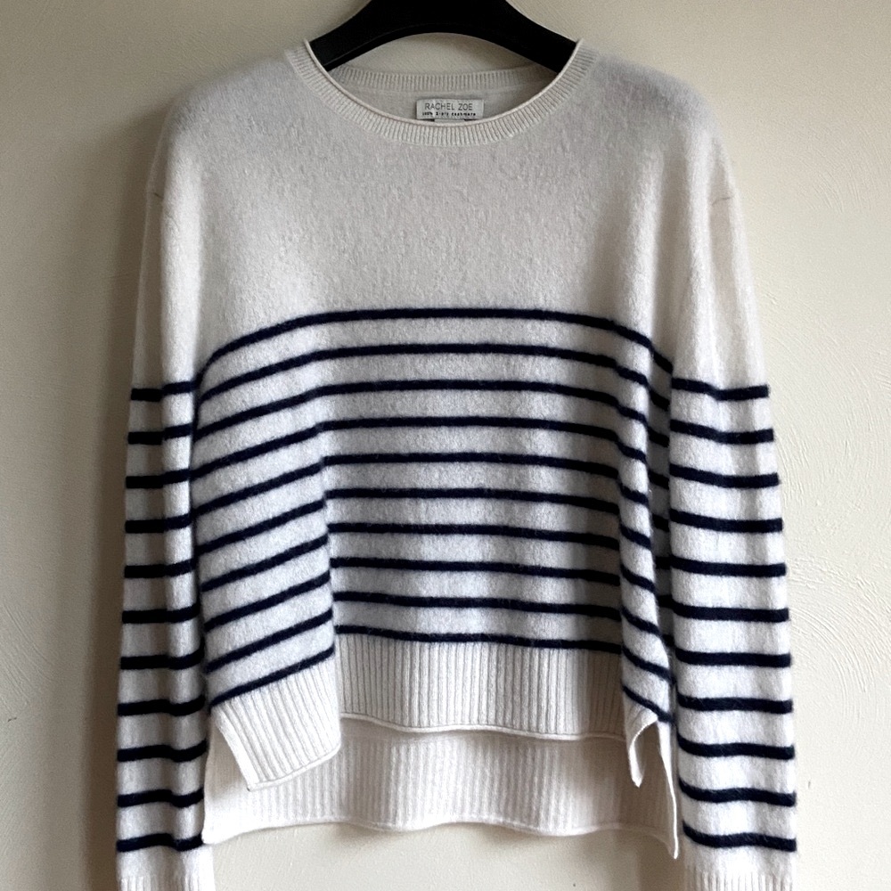 Rachel Zoe 100% Cashmere White and Navy Striped Sweater XL - Picture 2 of 14